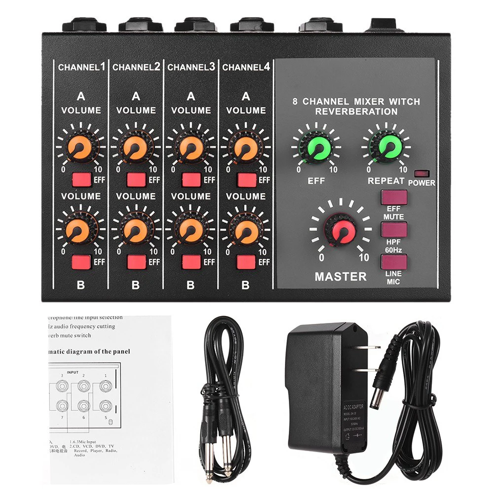 

Audio Mixer with 8 Channels Input and 2 Channels Output Audio Mixer Console Sound Mixing Power Adapter Audio Cable