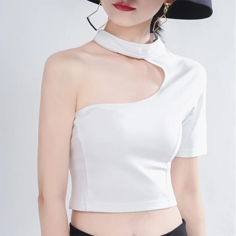 Off-the-shoulder High-waisted Short T-shirt Tide Niche Design Velcro Small Collar Knockout Unilateral Sleeve Female O-neck | Женская