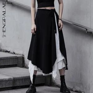 SHENGPALAE Асимметричная черно-белая юбка из двух частей с высокой талией Женская Весенняя Новинка 2021, юбка до середины икры на шнуровке с высокой талией 5B565