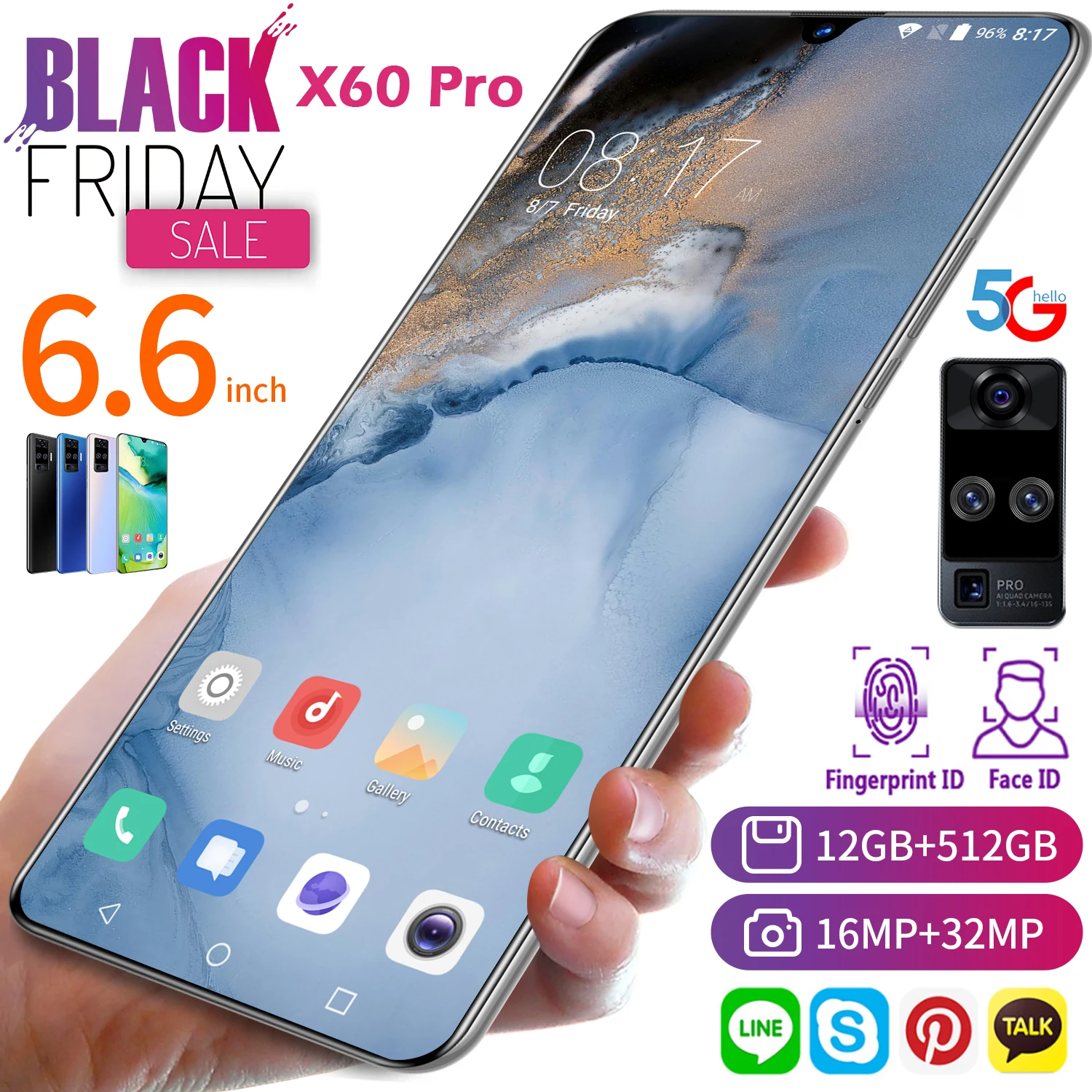 

Global Version X60 Pro 6.6" Snapdragon 865 Quad Camera 32MP Smartphone12GB+512GB 5000mAh Android 10.0 5G LTE Cell Mobile Phone
