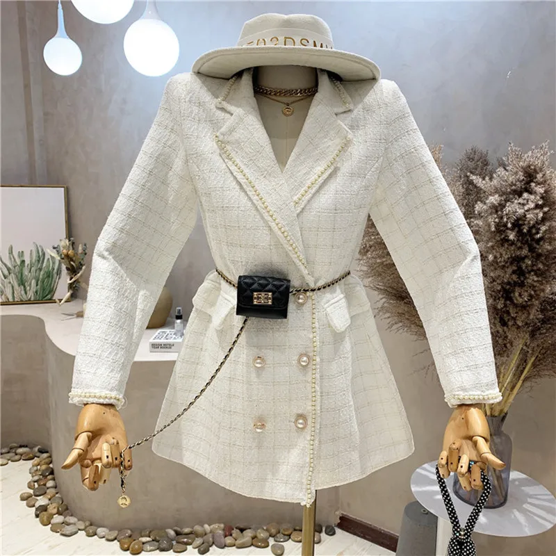 

New Women's Clothing 2021 Autumn Winter Temperament Long sleeve double breasted lattice tweed Blazers jacket Coat