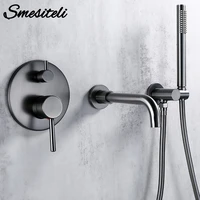 smesiteli brushed stainless steel gun grey solid brass hand shower tub spout two ways hot cold mixing bathroom faucet kit