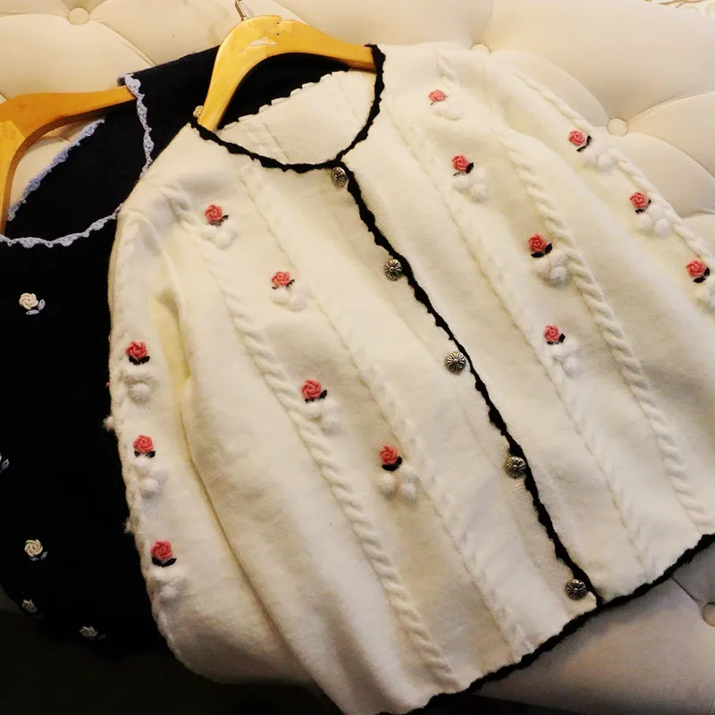 

Autumn Winter cute Women Round neck Crocheted Floral White/Black Sweater Cardigan Fashion Female Jumper Knitwear