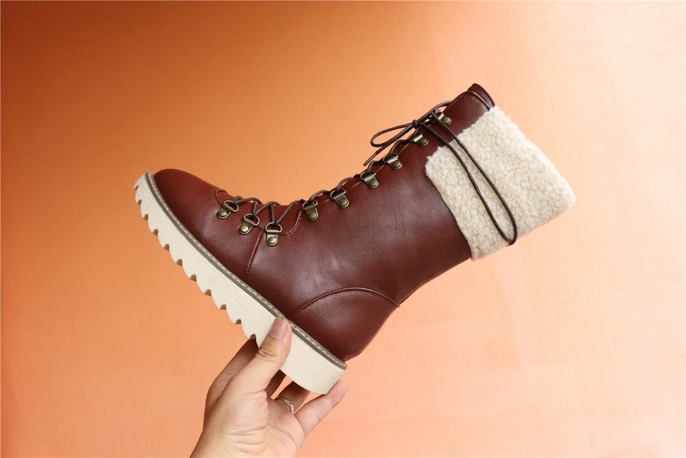 New Warm Winter Boots Women Fashion Lace-Up PU Leather Women Boots Non-slip Comfort Plush Warm Waterproof Snow Boots g678