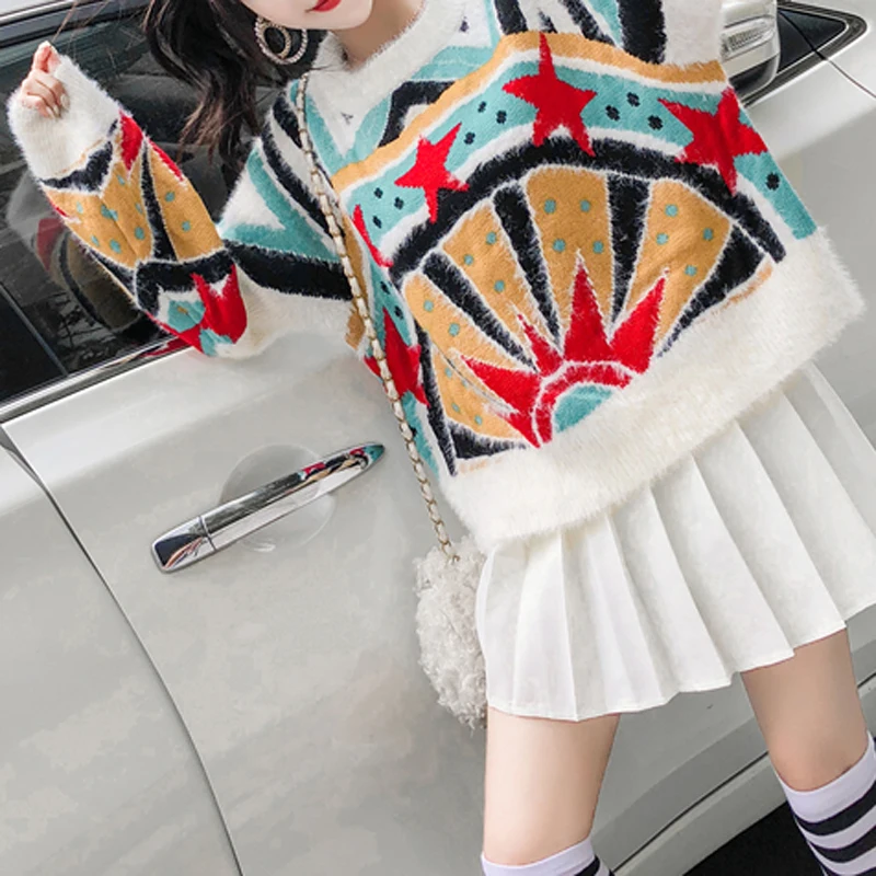 women sweater knitted pullovers long sleeve white red blue star geometric loose mohair M0032 | Женская одежда