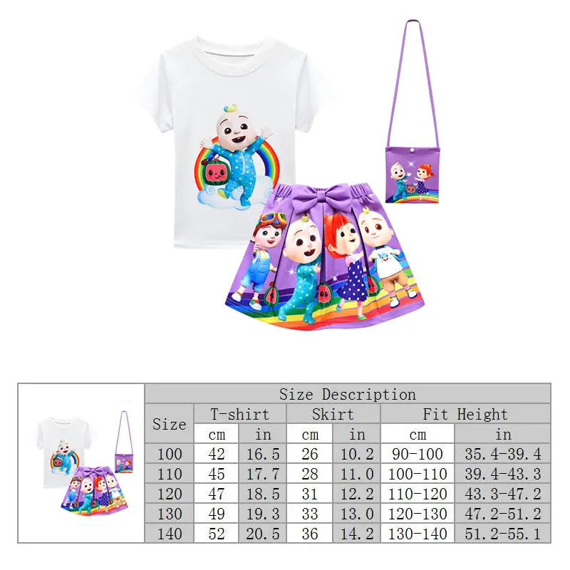 

2021 Summer Cocomelon Outfit For Baby Girl Cloth Fashion Child Rainbow T Shirt Top+Bow TUTU Skirt+Bag 3PC Set Kid Tracksuit
