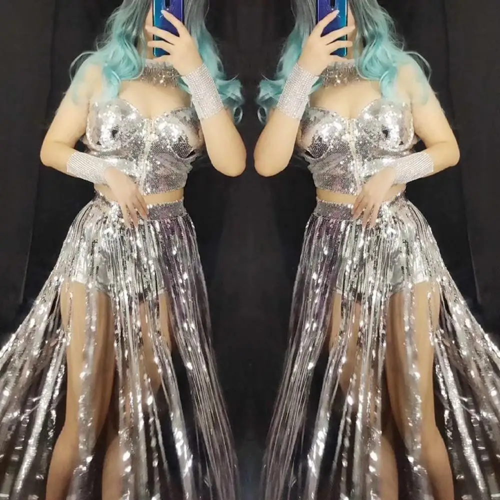 Женский комплект бикини с серебряными блестками и кисточками танцевальный