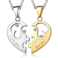 2 pieces titanium steel couple pendant women and men i love you half heart puzzle crystal choker necklace fashion