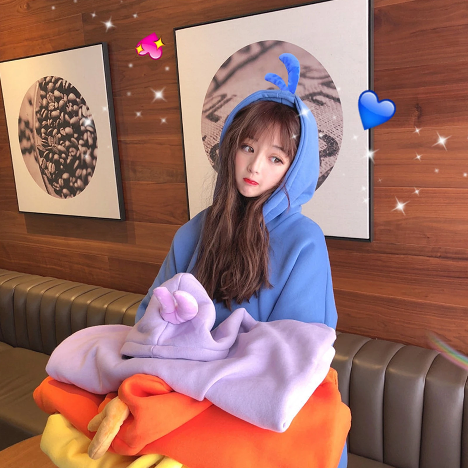Women Cartoon Hood Long Sleeve Solid Color Hoodie Autumn Winter Plush Sweatshirt