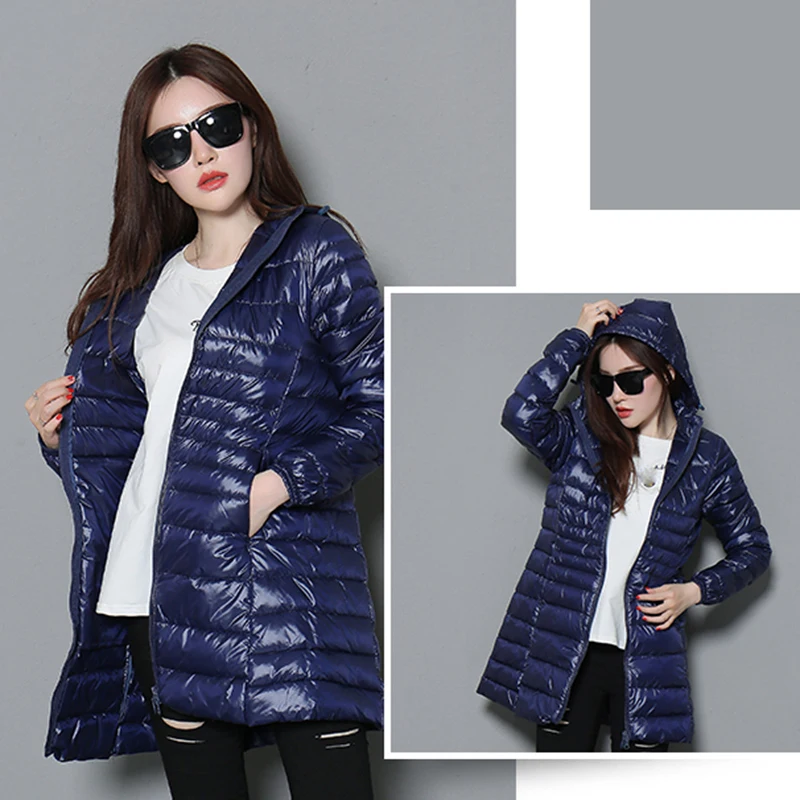 

Winter oversize Women's Ultralight Long Down Jacket White Duck Down Hooded Jackets Long Sleeve Warm Coat Parka Female Outwear