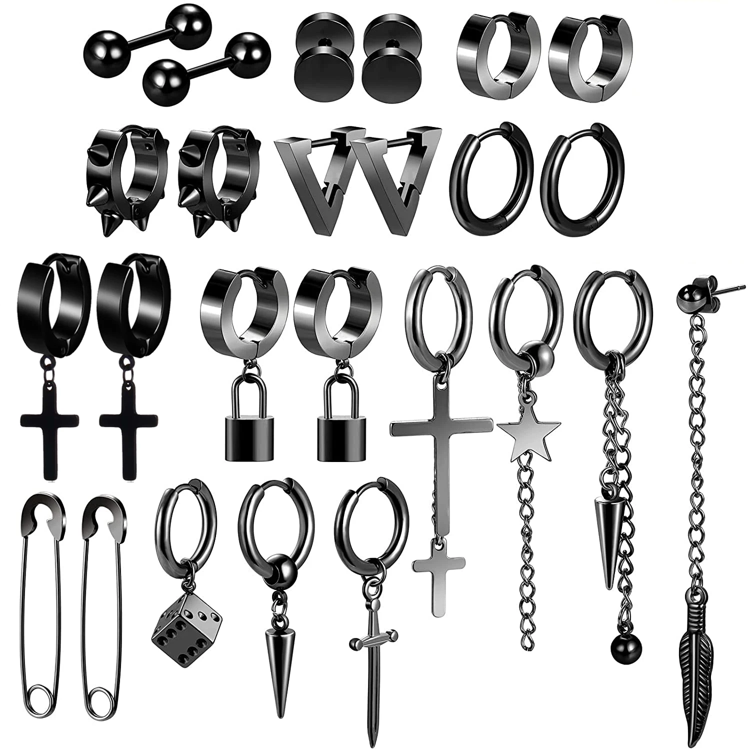 25 Pieces Black Cross Dangle Earrings for Men Stainless Steel Long Chain Piercing Hoop Earrings Set for Unisex