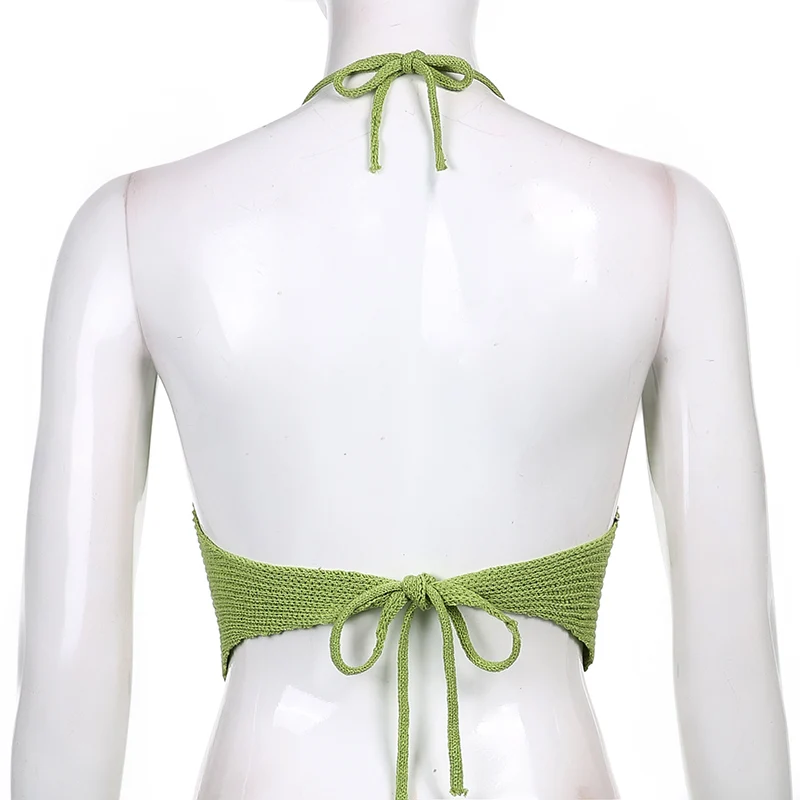 

Green Knitted Y2K Halter Women Vintage Backless Lace-up Crop Tops Aesthetic Cute Mini Vests Beach Style Clothes
