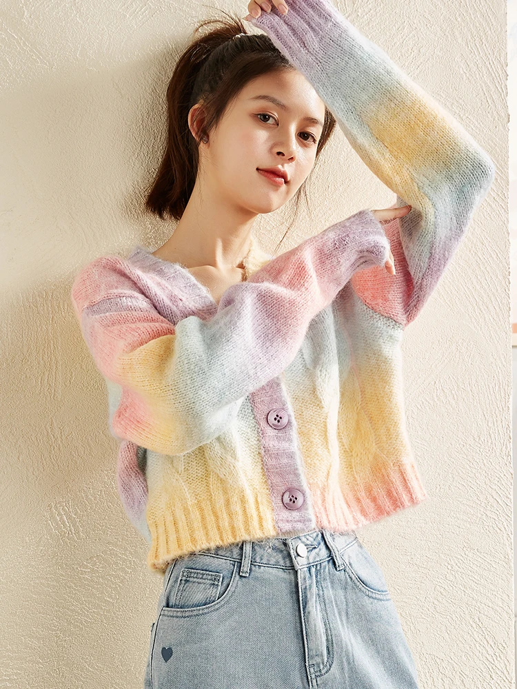 Early Autumn New Colorful Cardigan Knitted Coat Women's V-neck Outerwear Long Sleeve Gentle Loose Sweater