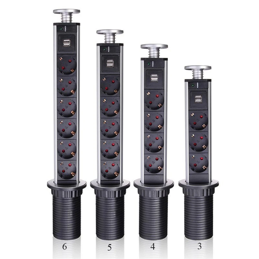 3/4/5/6 Power EU Plug Electrical Socket With 2 USB Ports Recessed Strip Outlets Aluminium Alloy Shelf Station |