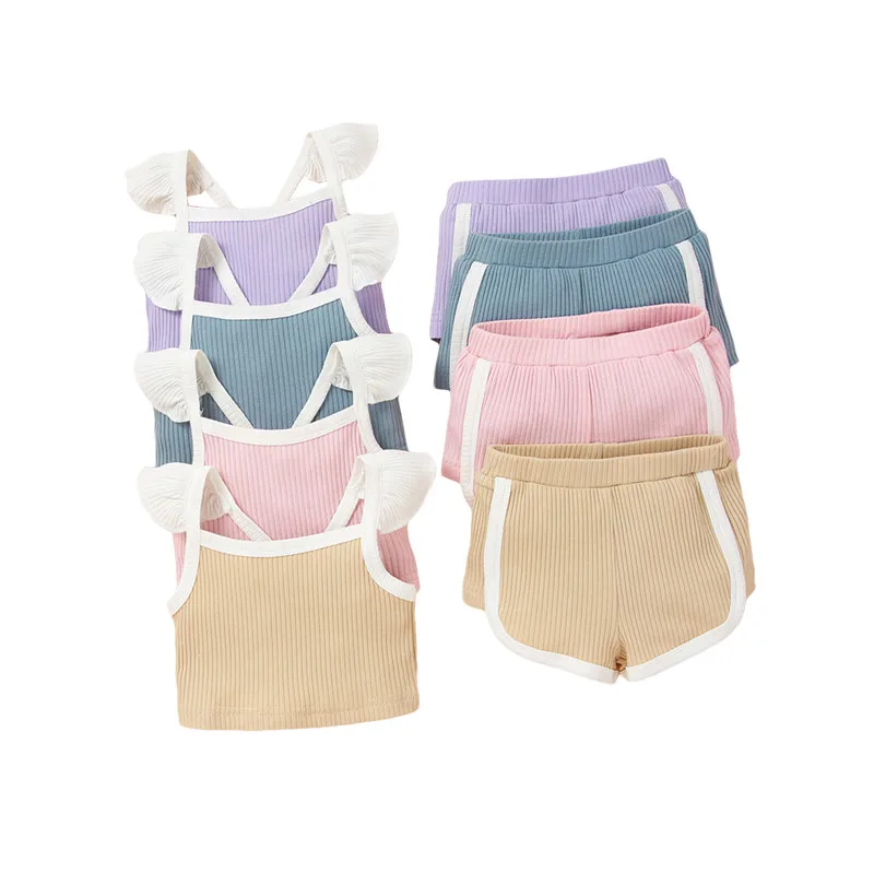 

Girl's Two Piece Set, Newborn's Fly Sleeve Square Neck Ribbed Tops Elastic Shorts for Infants