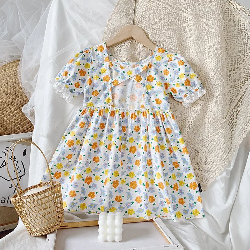 Летнее милое платье с короткими рукавами для девочек принцессы Детское одежда