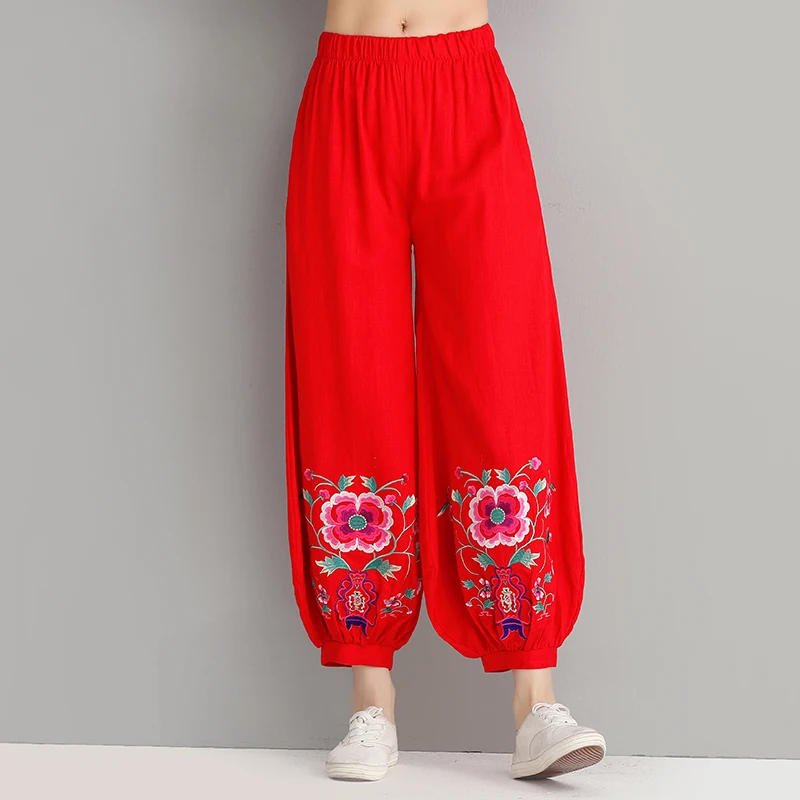 Женские винтажные шаровары с цветочной вышивкой брюки эластичной талией