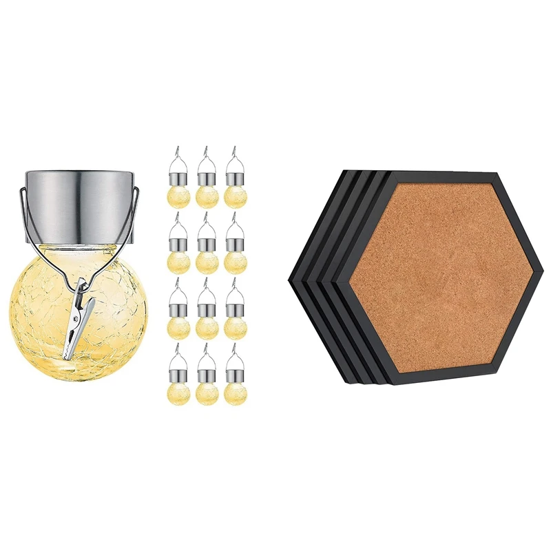 

4 Packs Cork Board Pin Board, Cork Boards & 12Pack Outdoor Hanging Solar Lights LED Solar Crackle Globe Hanging Lights
