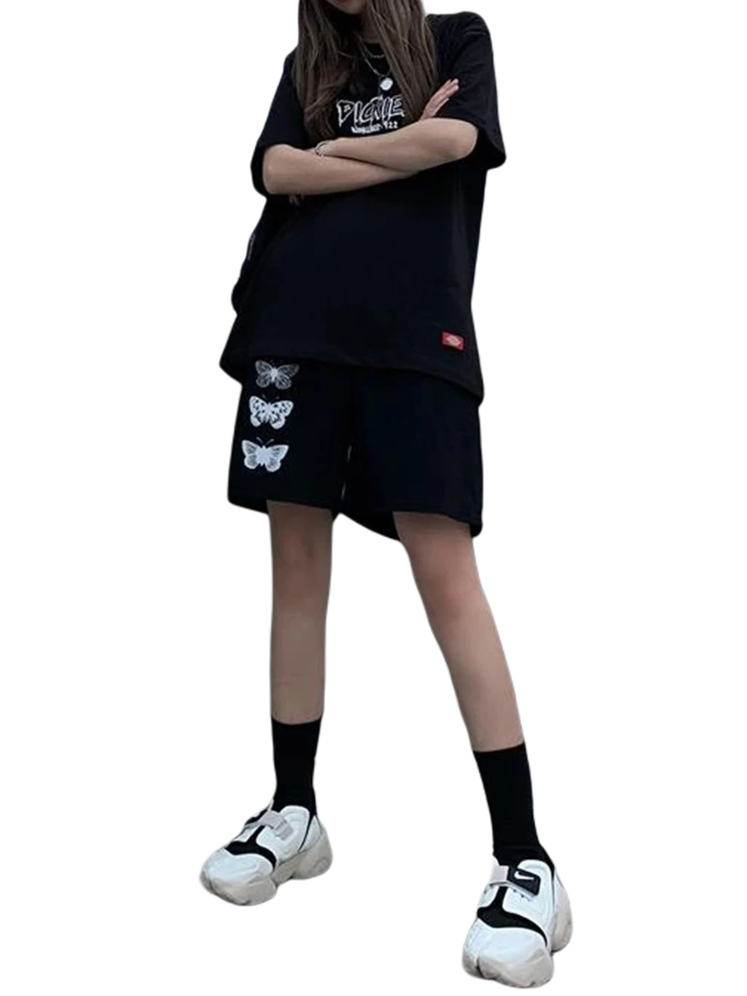 

Women Butterfly Printed Short Pants, Elastic Waist Shorts with Pockets Three Butterfly Patterns