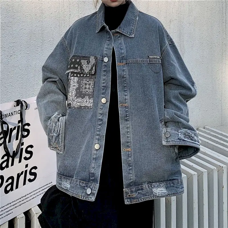 

Джинсовая куртка, кардиган для инструментов, одежда с синим принтом кешью, осенняя куртка для пар, свободная уличная японская женская одежд...