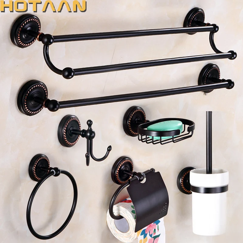 . Solid Brass Black Bathroom Accessories Set,Robe hook,Paper Holder,Towel Bar,Soap Basket,Bathroom Fitting Sets