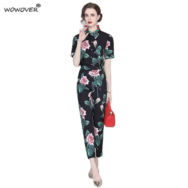 

Женский модельный костюм из двух предметов, элегантная рубашка с коротким рукавом и цветочным принтом и брюки, офисная одежда, лето