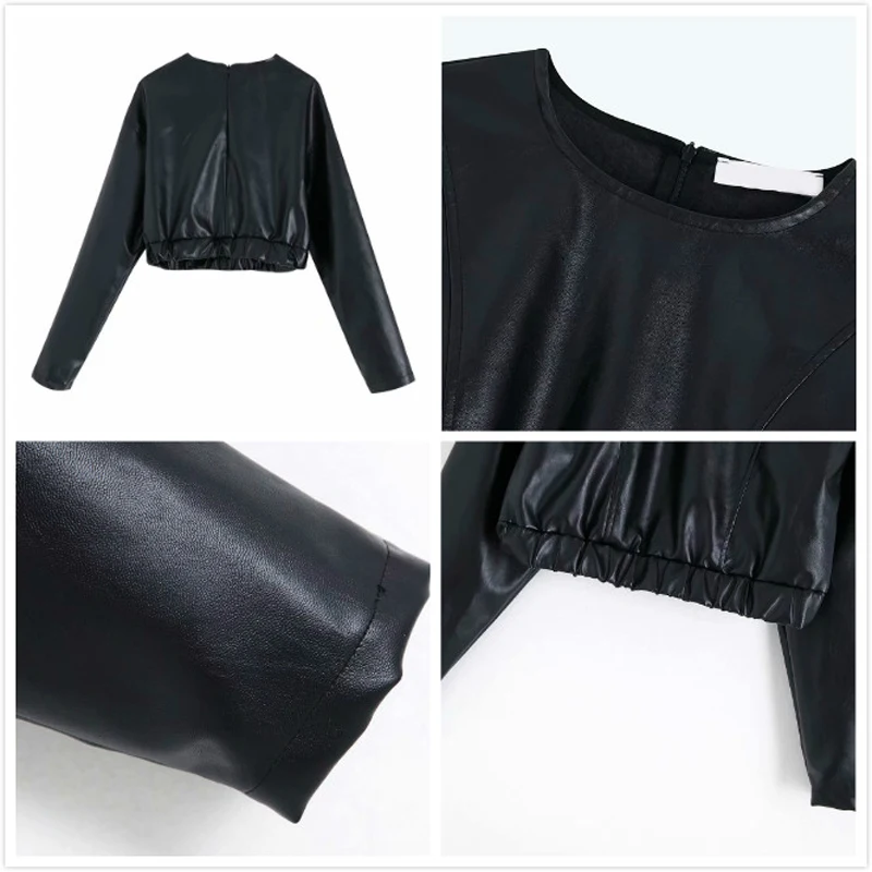 Женская короткая блузка из искусственной кожи однотонная черная с круглым