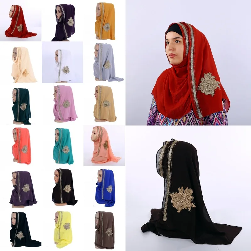 Muslim 3D Flowers Diamond Chiffon Long Scarf Shawls Hijab Islamic Headscarf Wrap Shayla Arab Dubai Women Scarves Headwear Turban |