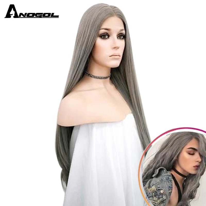Anogol серебристо серый синтетический кружевной передний парик длинные