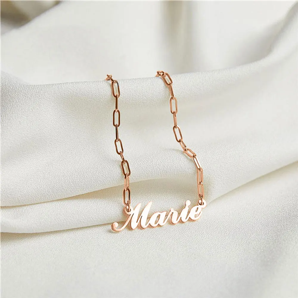

Mini-World 2021 Ladies Trend Stainless Steel Necklace Custom Name Pendant Rectangular Chain Necklace Gold Nameplate Boho Gift