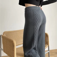 female soft warm high quality trousers sungtin twist loose wide leg pants women winter autumn argyle high waist knitted pants