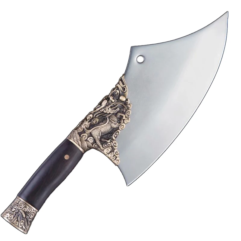 

Longquan 10 Inch Fixed Blade Knife Copper Kirin Decor Cleaver Hunting Knife Forged Steel Kitchen Knives Meat And Poultry Tools