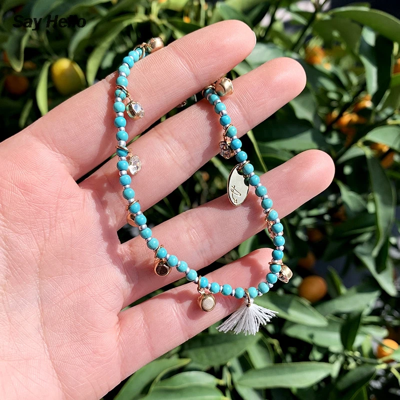 SAY HELLO модный бирюзовый цветной цепочка длинный Браслет инкрустированный