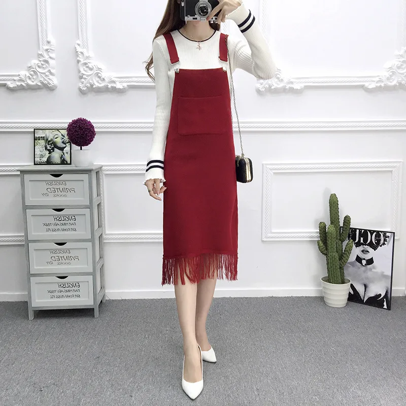 Vest skirt wine red Корейский элегантный свитер жилет платье для женщин винного цвета сплит галстук свободные вязаные платья осенние женские повседневные платья - Цвет: Vest skirt wine red