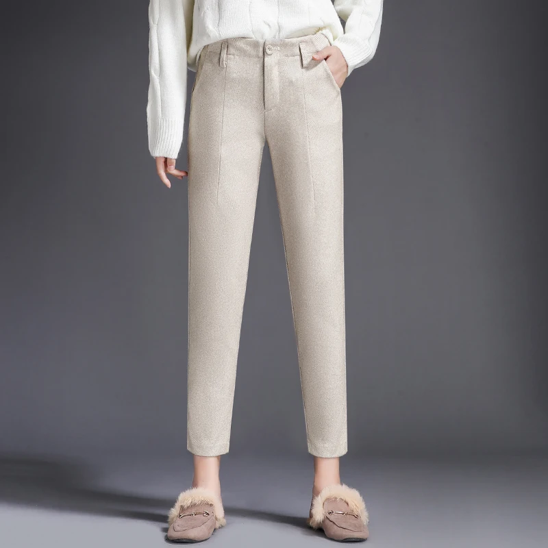 Woolen Ankle-Length Women Casual Female Trousers 2020 New Fashion Straight Harem Pants For Ladies Gray Beige S - 3XL