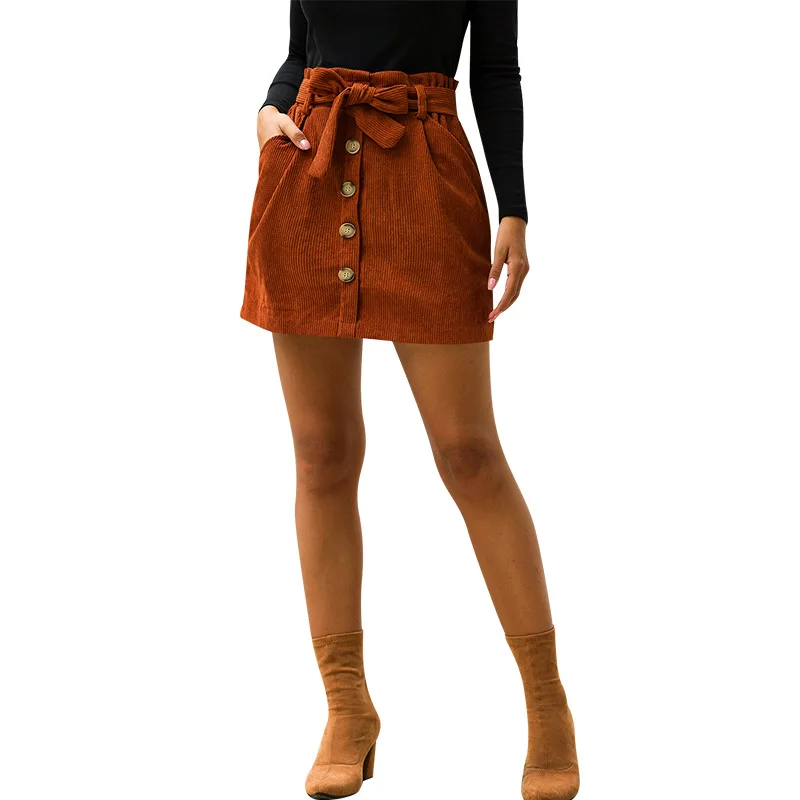 

Women's Popular High Waist Elastic Pocket Bandage A-line Skirt Black Caramel Wine Red Mini Skirt