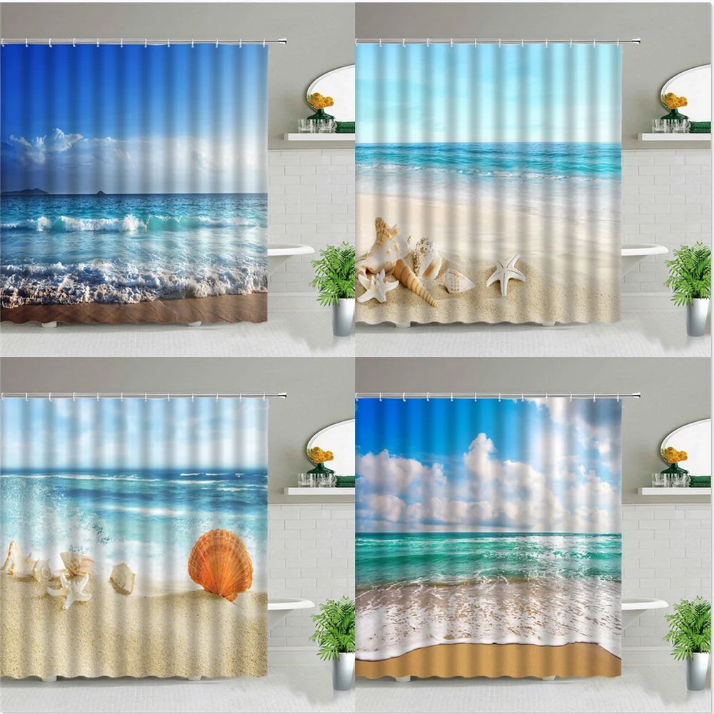 

Океан дизайн с пейзажем Морская звезда раковины душ Шторы комплект солнечного пляжа природный пейзаж дома Ванная комната Декор Водонепрон...