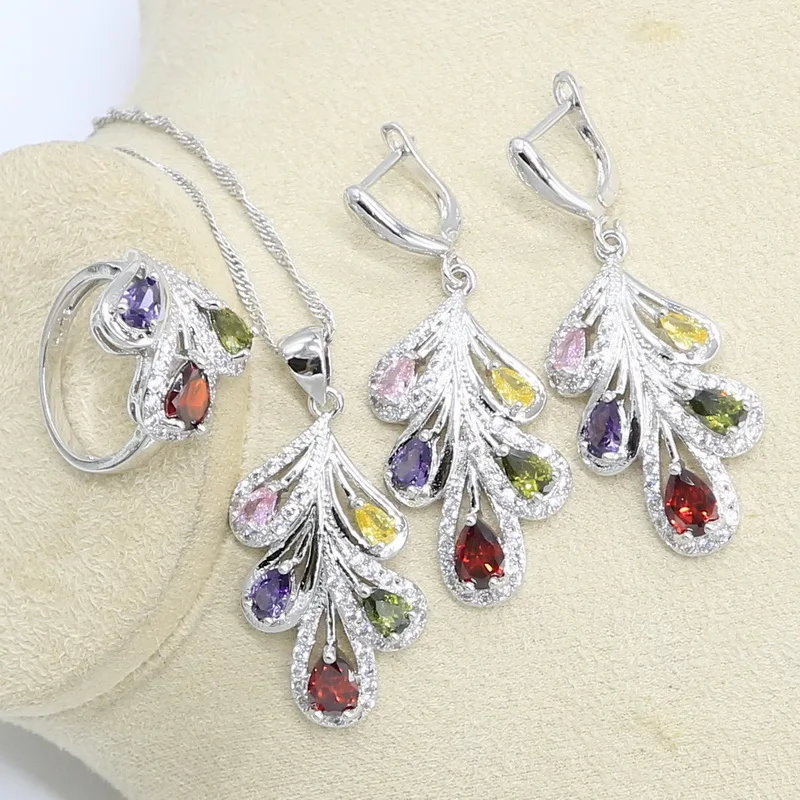 Серебряный свадебный набор украшений для женщин разноцветный циркониевый