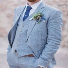 Комплект мужской из 3 предметов, облегающий льнясветильник смокинг светло-голубого цвета, пиджак, брюки, жилет, весна-лето свадебный костюм