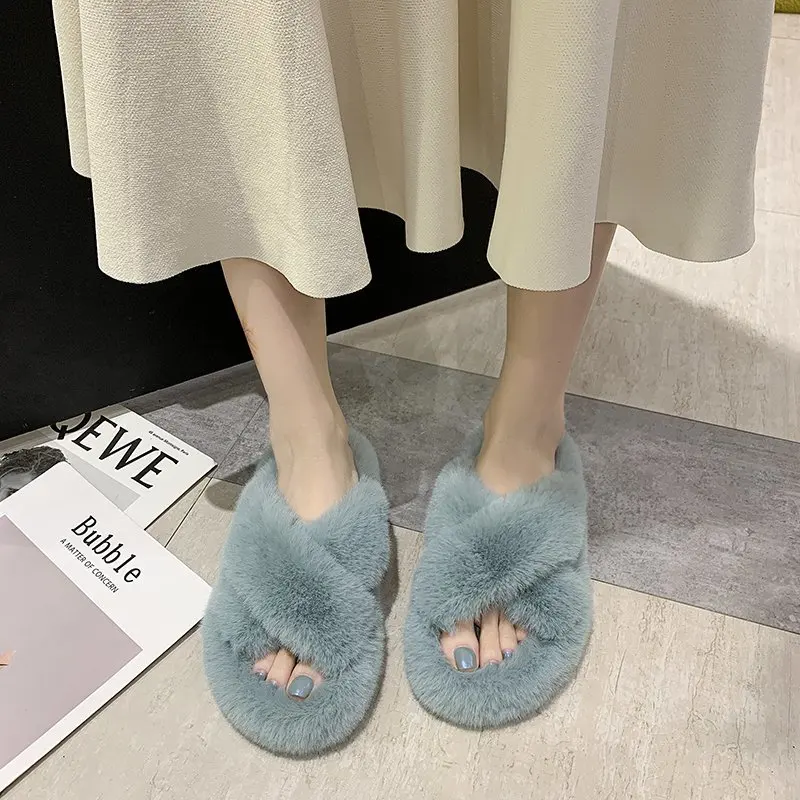 

Chic Street Trend Cross Trend Winter Ladies Fur Slippers Open Toe Solid Plush Girls Shoes Home Women Fluffy Slides