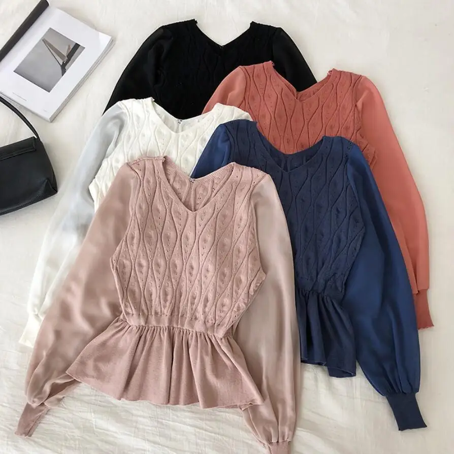 Женская трикотажная блузка с длинным рукавом облегающая v образным вырезом в