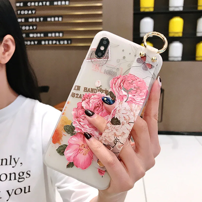 IK21-22WDUPPink SoCouple Мягкий ТПУ чехол на запястье для iphone 7 8 6 6s plus 11 Pro Max X Xs max XR Рельефный цветочный Чехол-держатель для телефона - Цвет: IK21-22WDUPPink