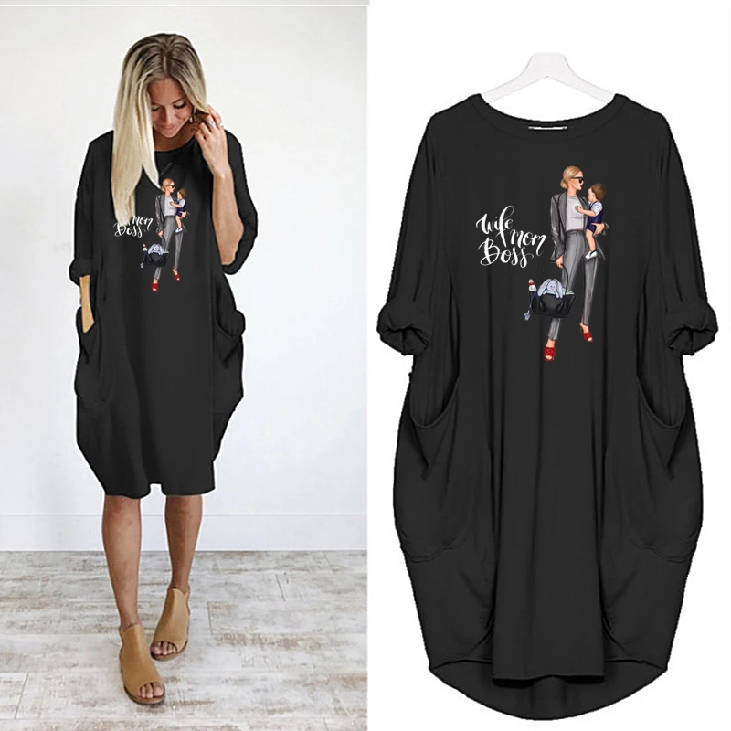 

Plus Size Ladies Dresses Women Long Sleeve Dress Casual Mom Print o Neck Pocket Loose Harajuku Robes Femme Vintage Party Vestido