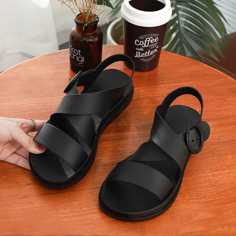 

PVC Casual Sandal Ladies Solid Rome Women Sandals 2020 Summer Women's Shoes Buckle Strap Flat Sandals For Woman Fashion