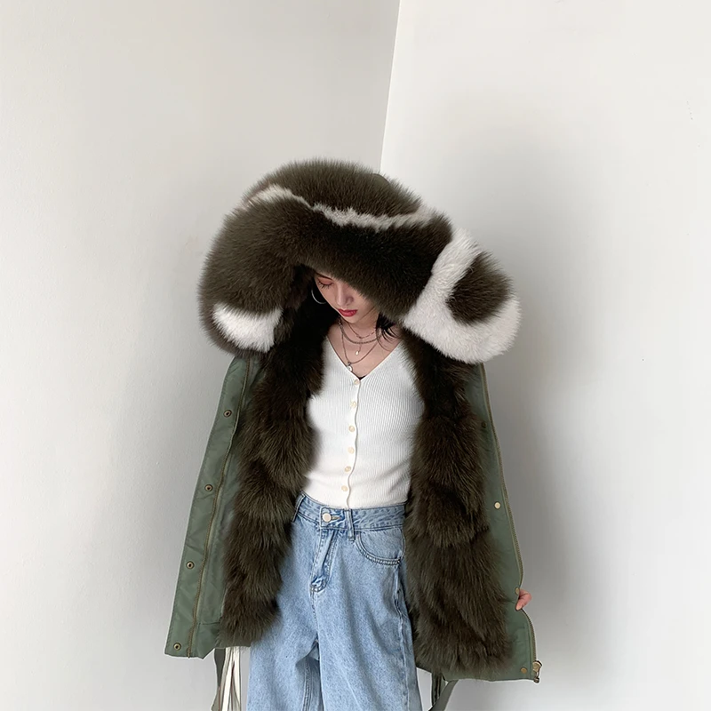 New Korean Real Fox Fur Bomber Jacket Female Winter Waterproof Coat 2021 Fox Fur Liner Hooded Parka Outerwear Streetwear Women