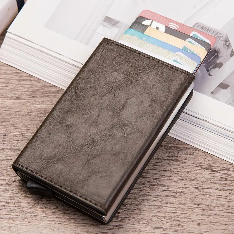 

Vintage Antitheft Men Credit Card Holder Blocking Rfid Wallet Leather Unisex Security Information Aluminum Metal Purse fashion