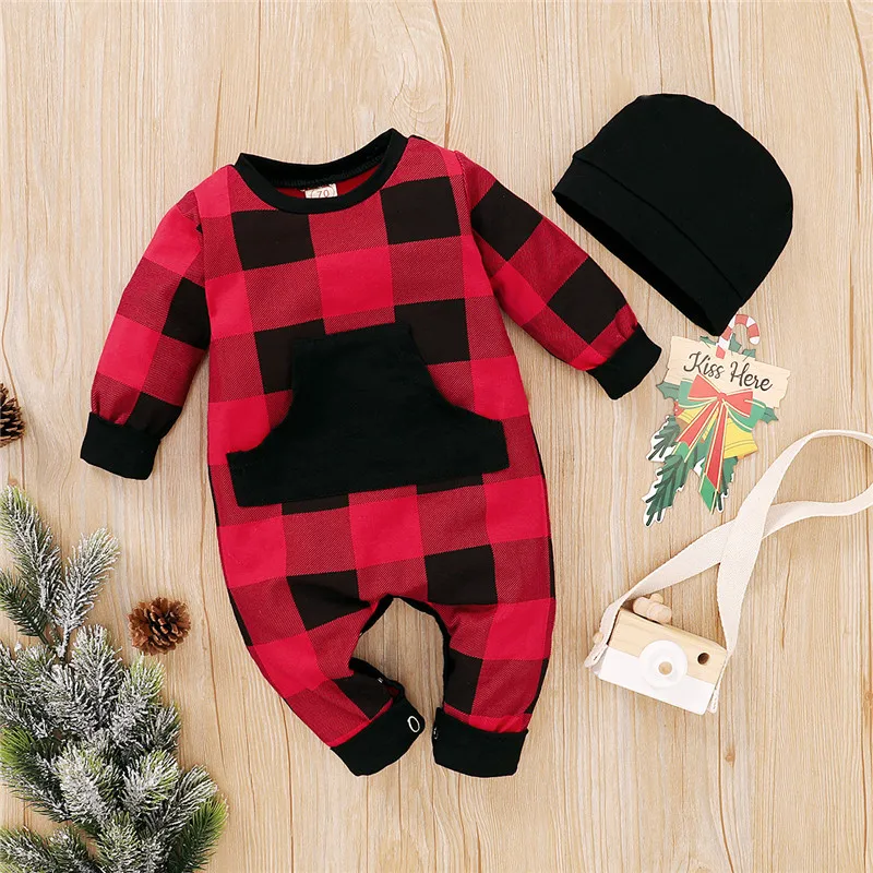 

0-24M Newborn Baby Girls Boys Christmas Outfits Long Sleeve Plaid Romper Bodysuit Xmas Jumpsuit Pajamas Hat Set