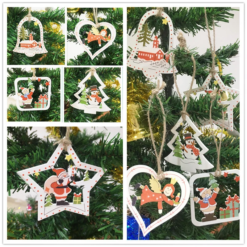 

10Pcs Wooden DIY Christmas Tree Hanging Ornaments Pendant Bell Santa Claus New Year Decor Christmas Decorations For Home