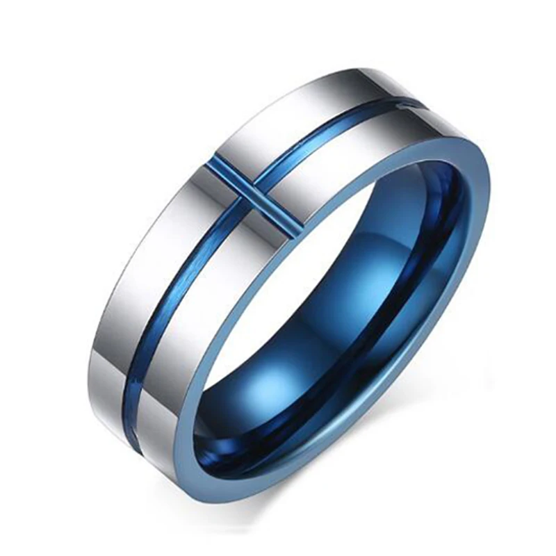 

Eamti Trendy 6mm Blue Inside Ring Men Tungsten Carbide Cross Tank Silver Color Polished Wedding Party Rings Anel Masculino