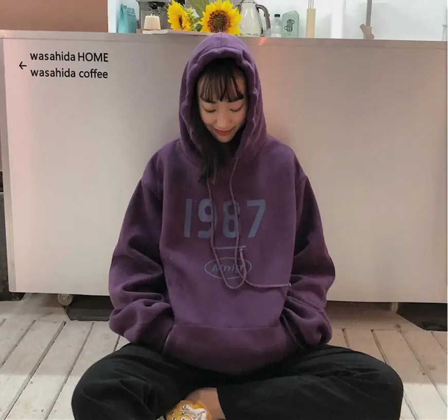 

Casual Oversized Hoodies Woman Autumn Winter Velvet Sweatshirts Purple Loose Letter Printing Jacket Harajuku Clothes 2021